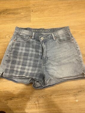 American Eagle Outfitters Light Blue Plaid-Panel Denim Shorts